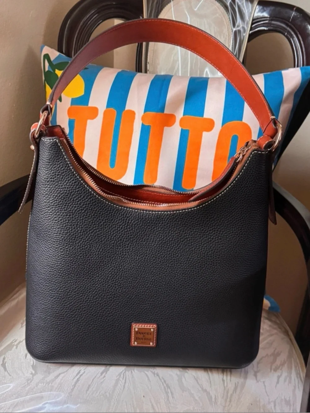 Dooney & Bourke Black Pebbled Leather Shoulder Bag with Brown Trim